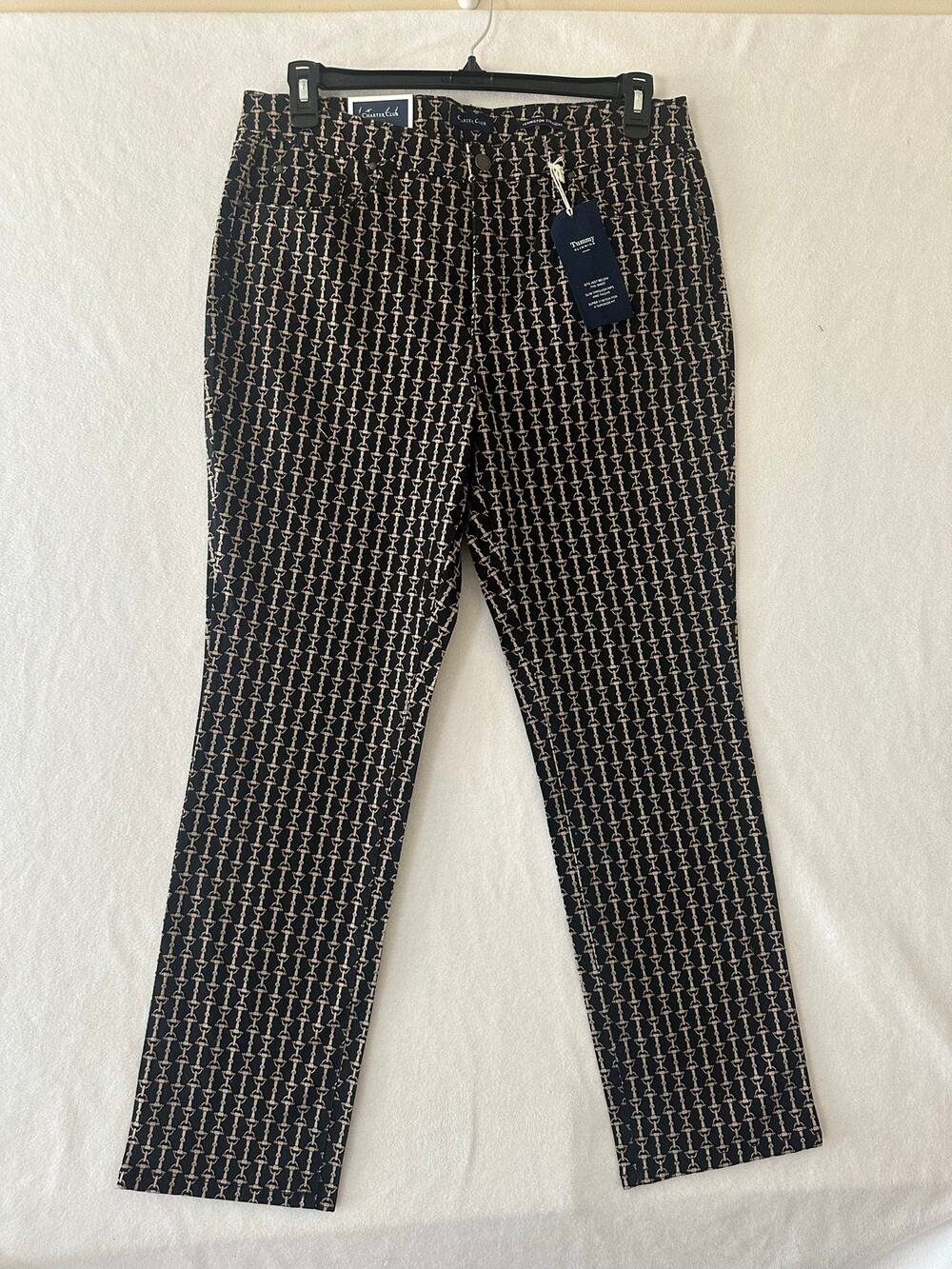 NWT Charter Club Straight Leg Black Print Pants 16 Slimming